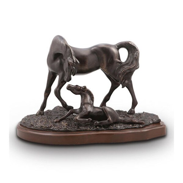 Horse with Colt Sculpture on Wood Base Mare Statue Aluminum Desktop